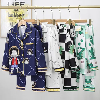 2025 Boys Cartoon Character Long Sleeve Turn-Down Collar Pajamas Set Breathable Homewears for Big Kids for Spring