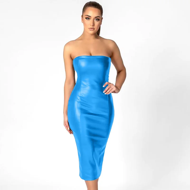 Wholesale wholesale fashion elegant strapless zipper sexy pu leather formal  midi dresses for ladies From m.