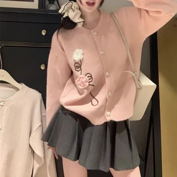 2025 Women's Casual Korean Sweet Cardigan 3D Flower Heart Button Pullover Versatile Gentle Knit Top for Spring/ Fall Layering