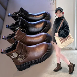 Girls' British Style Mid-Calf for Boots 2026 Autumn Fashionable Chimney Short Artificial Leather Side Zipper Rubber Outsole