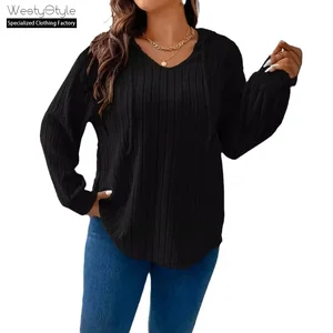 2026 Autumn/Winter Women's Korean V-Neck Hooded Long Sleeve Ribbed Brushed Knitted T-Shirt Solid Color Plus Size Loose Fit