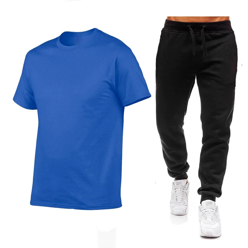 Manufacturer wholesale men's short-sleeved T-shirt +long pants casual running  beach two-piece suit