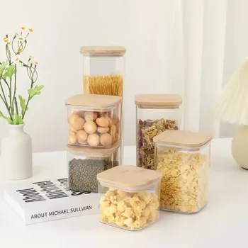 Wholesale Noodles Flour Cereal Airtight Plastic Storage Canister with Bamboo Lid Durable Kitchen Storage Square Jars