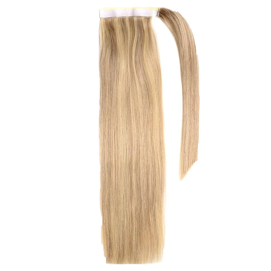 Straight Ponytail Human Hair Wrap Around 100% Remy Hair Extension Color #8/613 120g Thick Real Hair For Women 16-26Inch_voghion.com