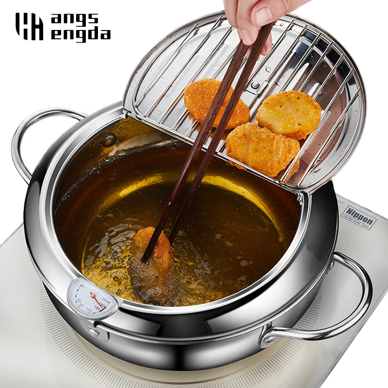 Deep Fryer Pan 304 Stainless Steel Tempura Frying Pot Japanese Style Fryer  with