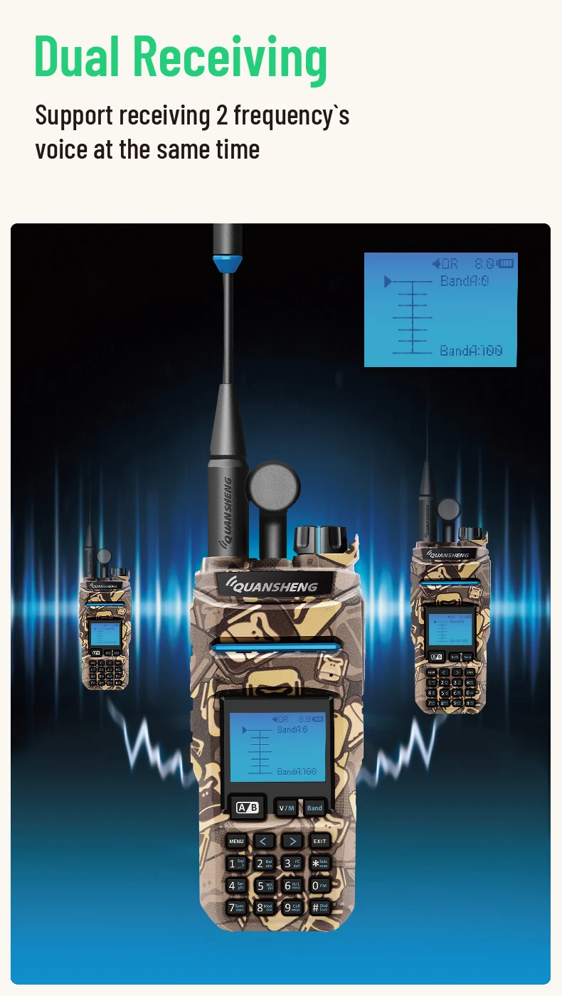 2026 New QUANSHENG TK11 IP Camouflage Analog Two Way Radio with VHF/UHF and 0-10KM Range AM FM ROHS FCC CE