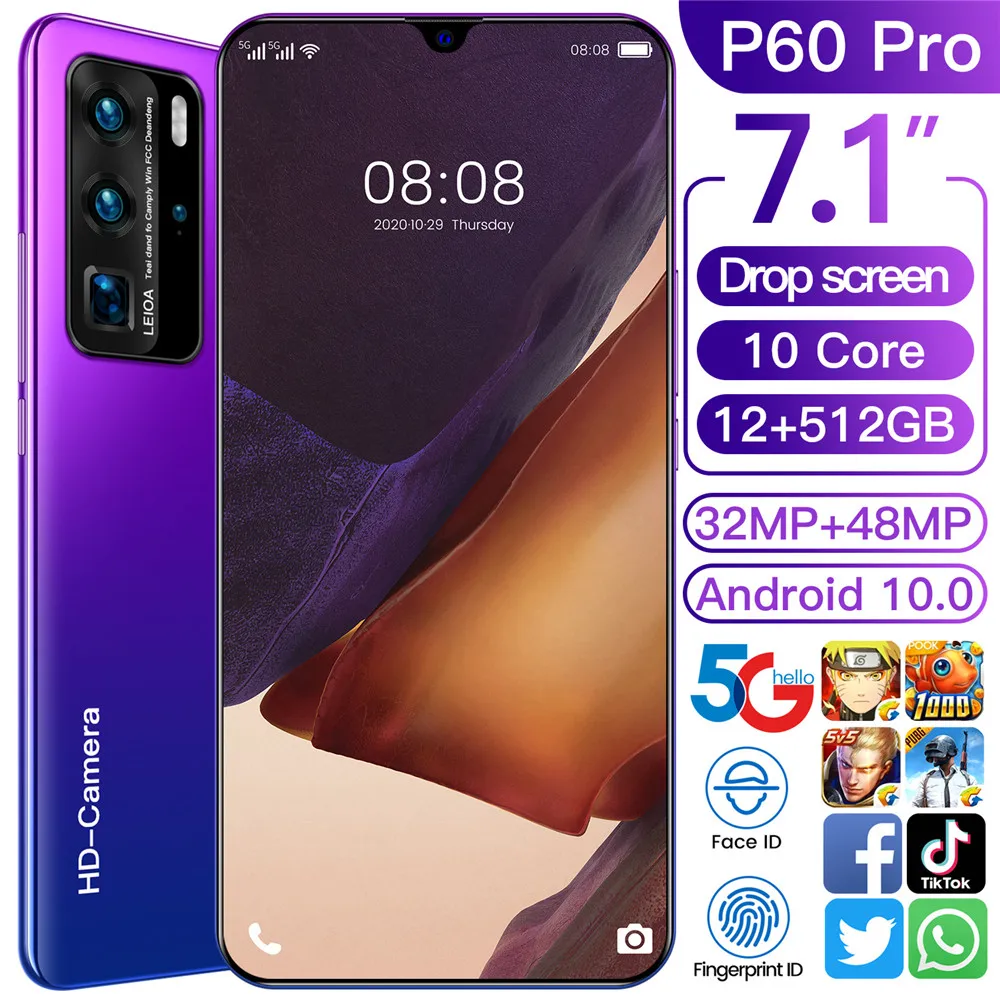 P60 Pro 4K HD camera 5G mobile phone 7.1-inch water drop screen 12+512GB large memory Android 10.0 system smart phone