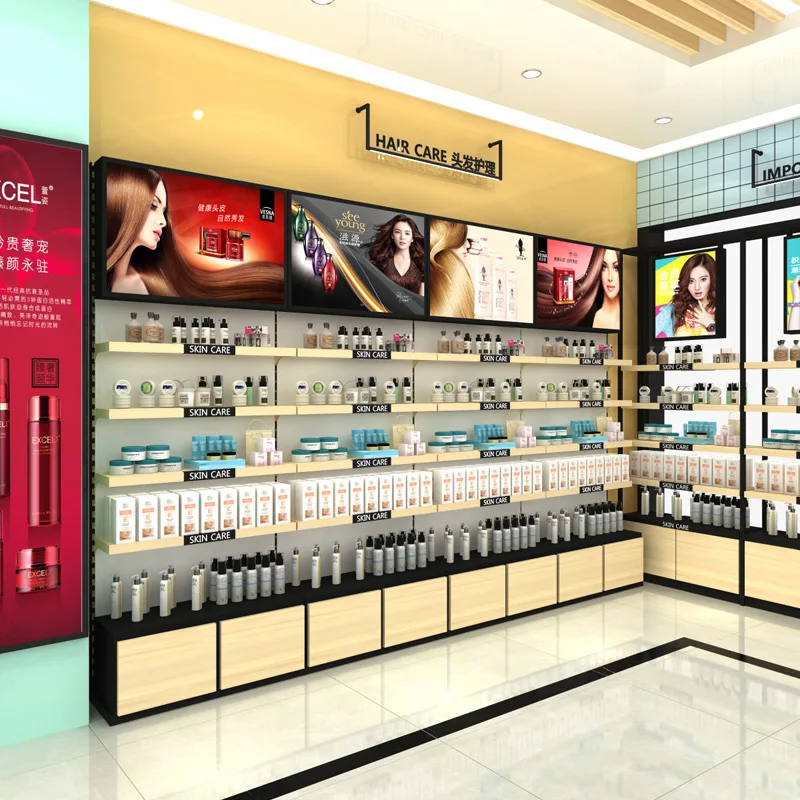 Kainice Manufacturers Cosmetic showcase Wood Customized Cosmetic Stand Display Shop Racking Display for Mall