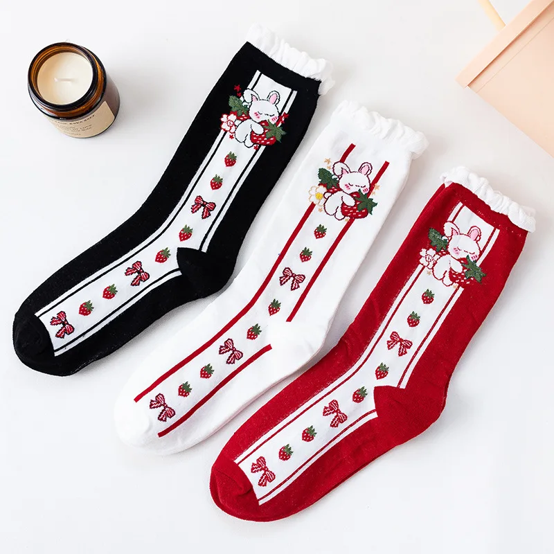 Японские Осенние милые носки для девочек с рисунком Лолиты, кролика, клубники, дышащие хлопковые необычные женские носки