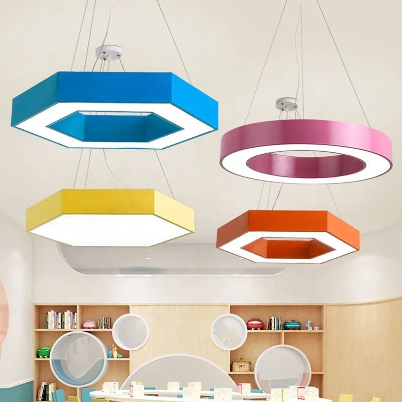 Hexagonal LED Pendant Light 48W 60cm Colorful Shell Ceiling Lamp Kindergarten Classroom Children's Playground LED Pendant Light