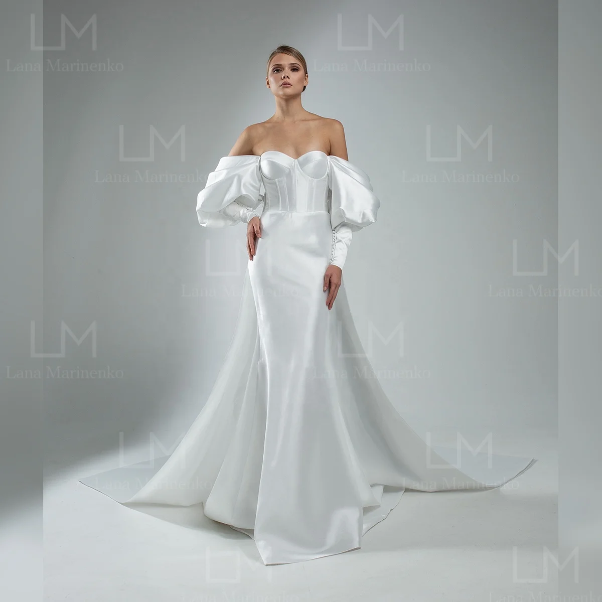 Elegant Sleeves With Long Train And Buttons Laceup Back Mikado Fabric