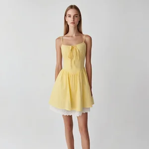 Custom Yellow Spaghetti Strap Mini Dress with Front Tie and Lace Hem