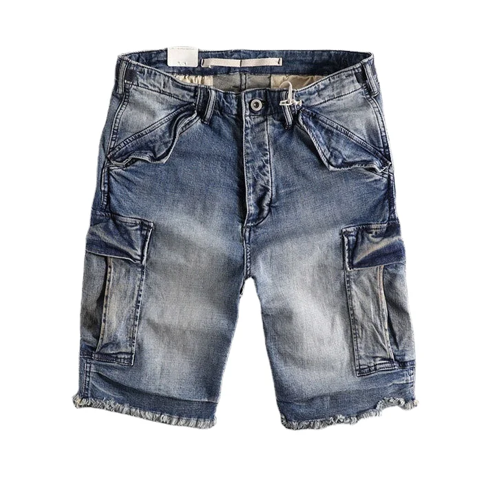 Summer New Men's Vintage Woven Mid Waist Boot Cut Stretch Quick Dry Denim Shorts Blue Black 100% Cotton OEM Serviced Customized