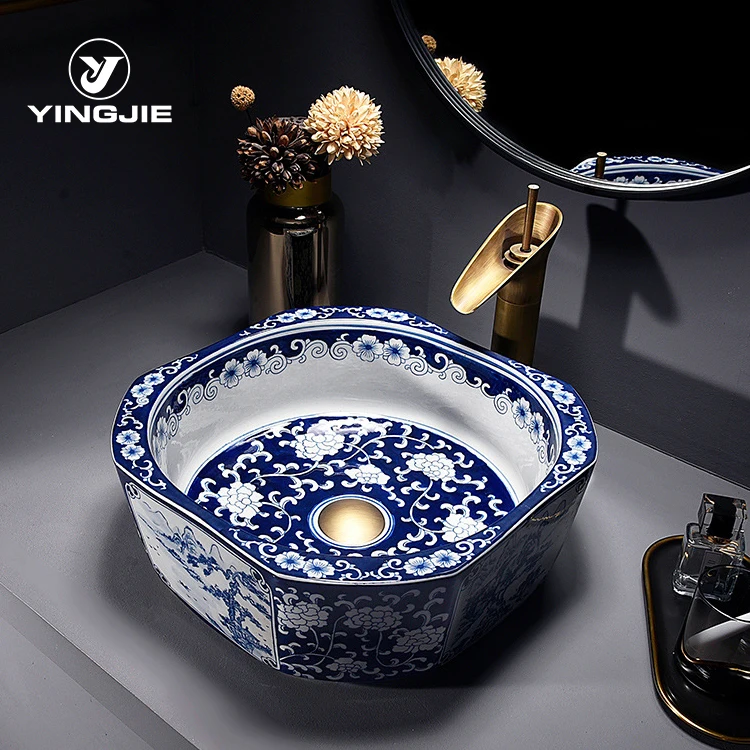Blue White Rectangular Chinese Hand Painted High Quality Ceramic Art Bathroom Basin for Home and Restaurant