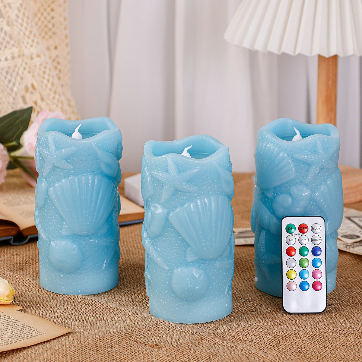 product flameless led candle paraffin ocean style carving shell starfish remote controlled colorful lighting home decoration-29