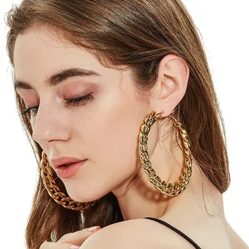 Exaggerated 18K Gold Link Chain Round Earrings Retro Cuban Chain Big Hoop Earrings For Women