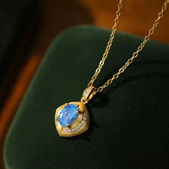 Europe Hot Selling Diamond Blue Zircon Pendant Necklace Vintage S925  Sterling Silver Square Choker Necklace