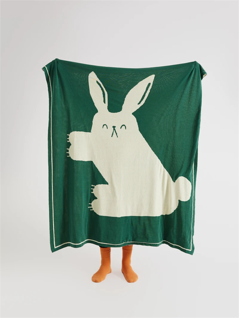 100% pure cotton  Jacquard big rabbit  knitted throw blanket  for sofa supplier