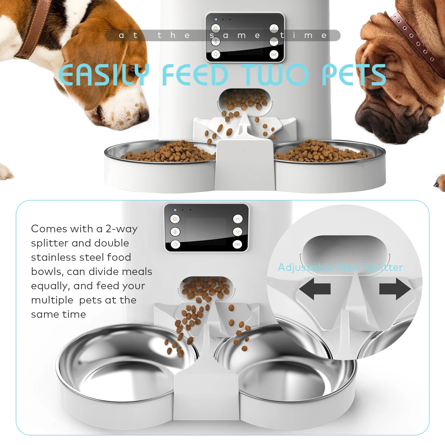 6l Automatic Pet Feeder With Twoway Splitter Dispenser Timeding Cats