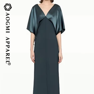 Haute Couture Fashion Ladies New Cape Style Satin Short Sleeve V-neck Floor-Length A-Line Eco-Friendly Dress