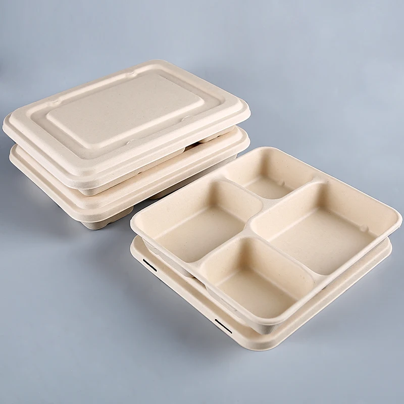 4 Compartment Biodegradable Disposable Bagasse Meal Tray In China