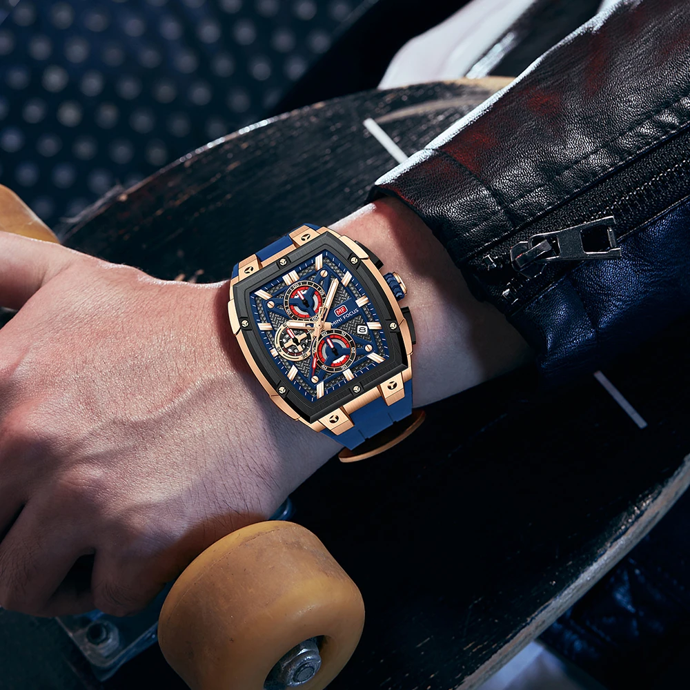 MINI FOCUS Chronograph Quartz Man New Model Watch for Men Sport Wristwatch with Black Rose Gold Silicone Strap MF0602G