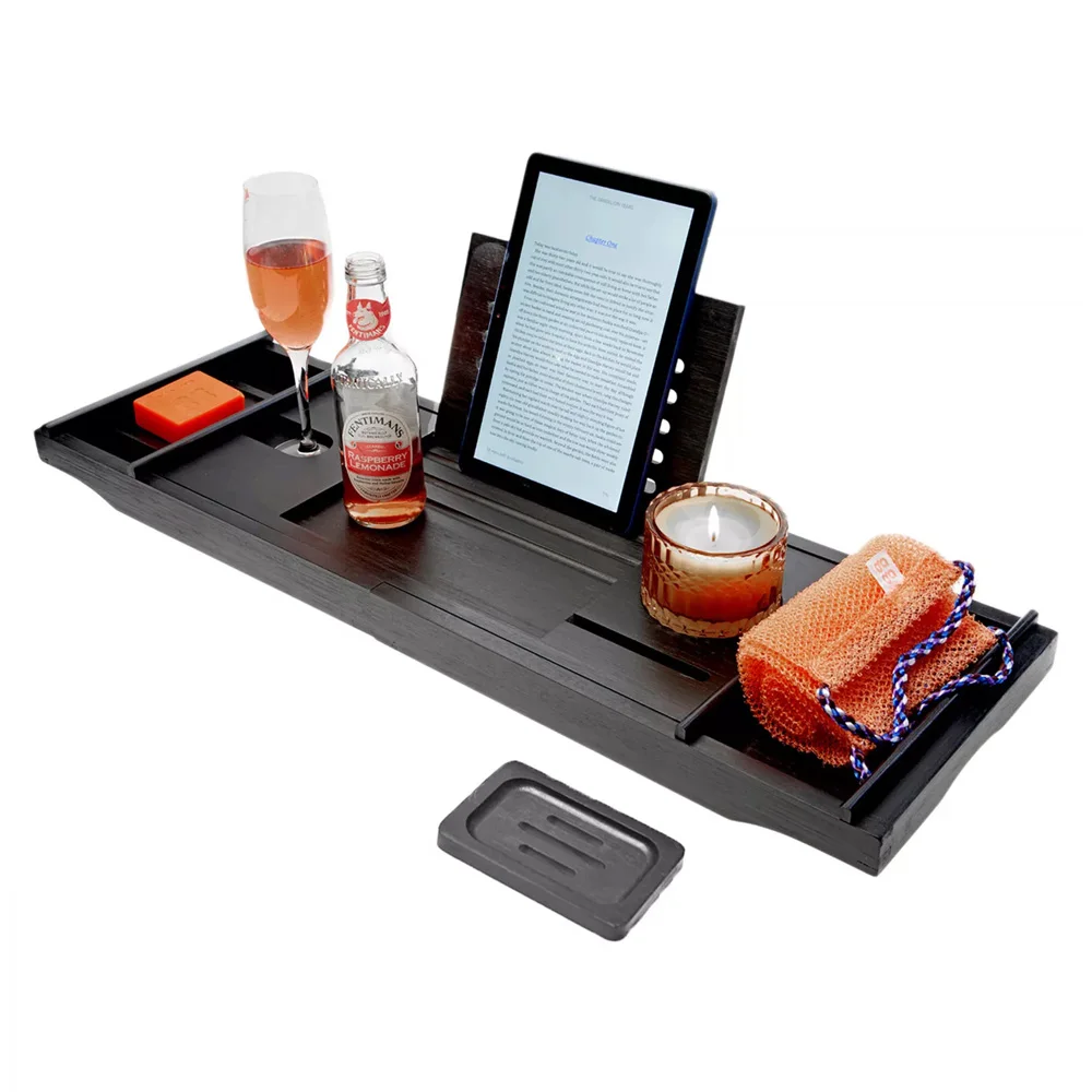 Adjustable Bamboo Bathtub Caddy Tray with Tablet Wine Glass Holder Bathroom Organizer for Spa Bathroom Sets