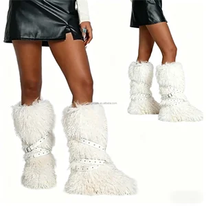 BUSY GIRL RS9251 Fur Boots Women Ladies Custom Boots Manufacturers Women's Cozy White Fuzzy Knee High Boots with Chic Buckle