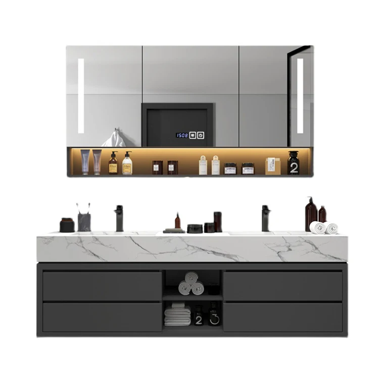 European Style Modern Floating Bath Top Double Sink Bathroom Sets Vanity Cabinet with Sink