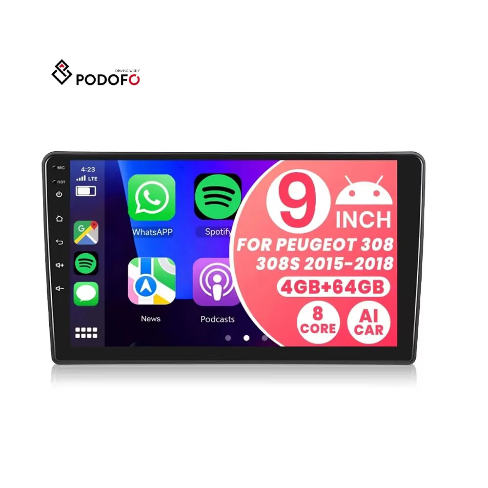 Podofo 9'' Android 8 Core 4+64GB Carplay Android Auto Car Stereo for Peugeot 308 308S 2015-2018 GPS WiFi&4G A2DP FM/AM/RDS DSP