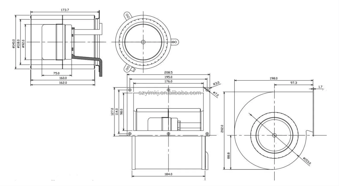 Centrifugal Blower, DC140-160D, CFM, 202x198x208.5mm - detail 16