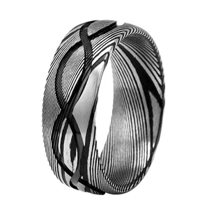 8mm Wood Grain Black Damascus Infinity Ring Unique Forged by Handmade Mens Wedding Band Gift