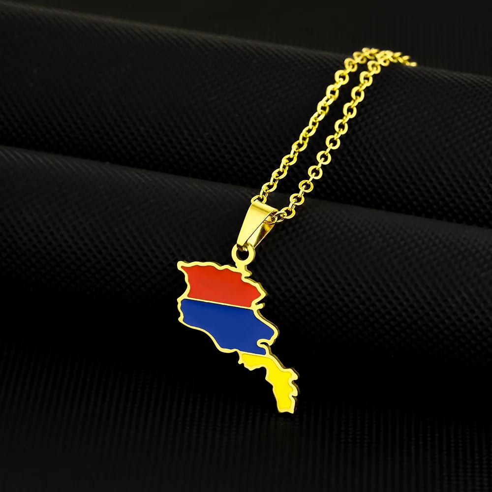 Manufacturer Stainless Steel Enamel Armenia Flag Charm Necklace 18K Gold Plated Enameled Armenian Map Pendant Chain Necklace