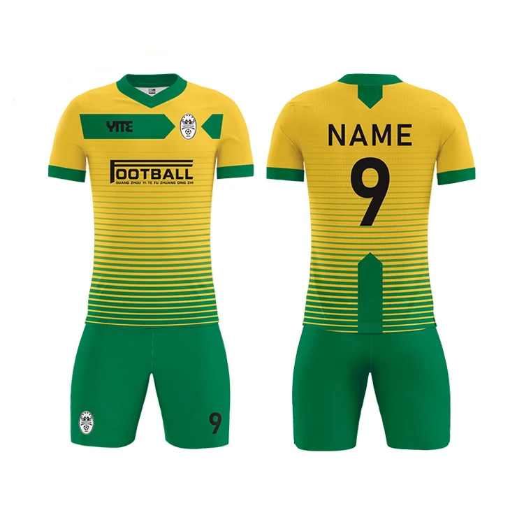 Sublimación amarillo verde fútbol Jersey conjuntos conjunto