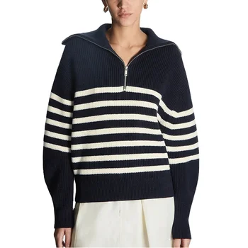 Knitwear Factory Casual Half-Zipper Turn Down  Popular Premium Sweater Female Striped  Long Sleeve Sweater