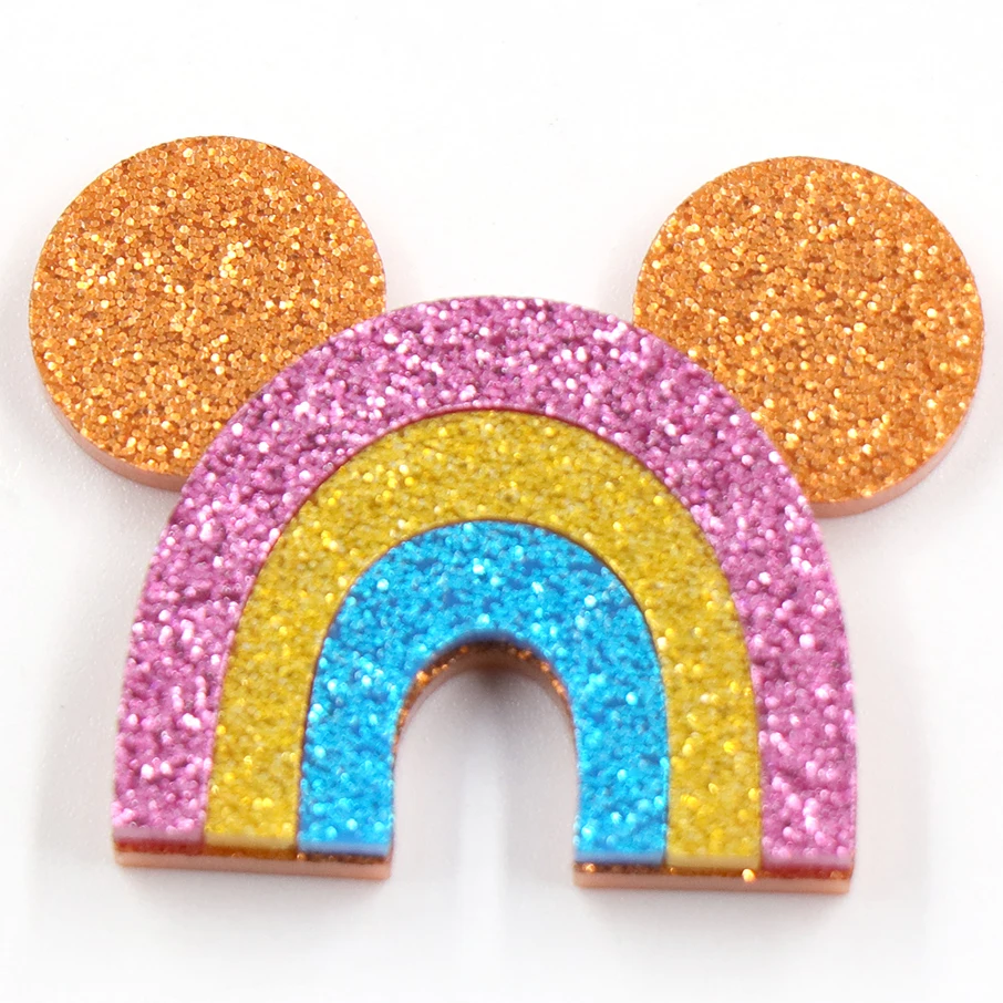 BHS069BH1042-35mm In Stock Cute Rainbow Brooch (Safety Pin) Laser Cut Glitter Acrylic Mouse Head Brooch For Baby Girl Gift