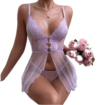 Women's Clothing Underwear Sexy Polka Dot Sheer Mesh Lace Crystal Buckle Pure Slip Nightdress Two-Piece Set Babydoll Lingerie
