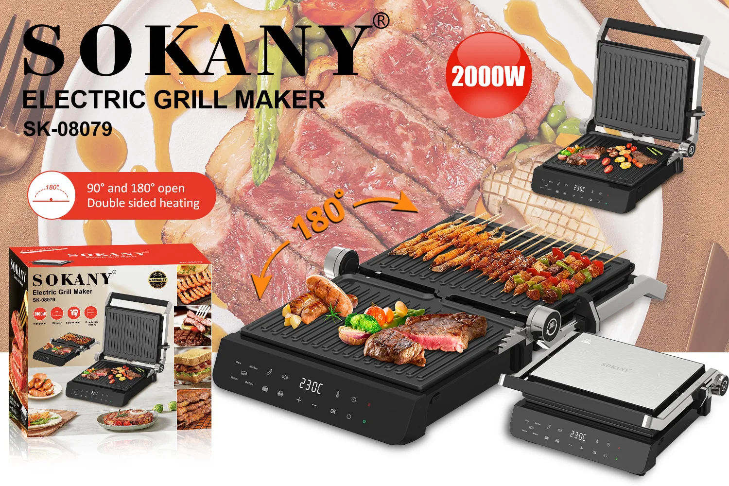 2000w Digital Steak Grill Small Kitchen Appliance Smart Electric Grill Contact Grill Panini Maker