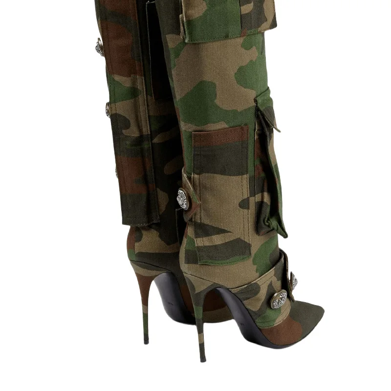Fashion Female Buckle Camo Stiletto Heel Over The Knee Boots Sexy Pointed High Heels Denim Boots - Image 3