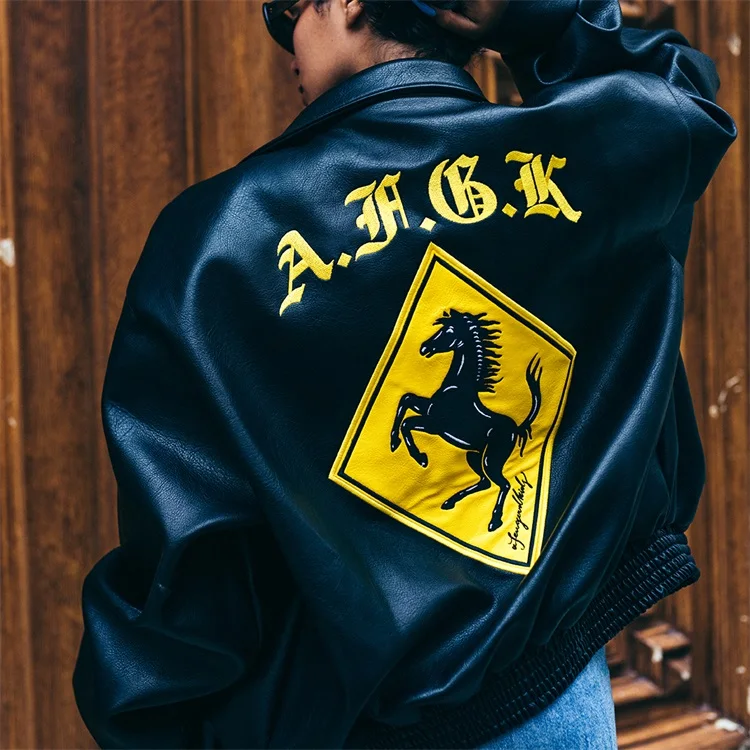 Custom Leather Coat Print Embroidered Patch Motorbike Motorcycle Bomber Leather Jacket for Men gallery 2