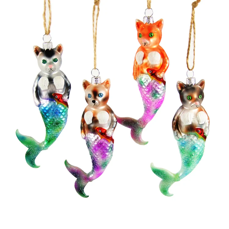 Hot selling personalized little colored hand painted blown glass cat mermaid fish christmas tree hanging decor ornaments set