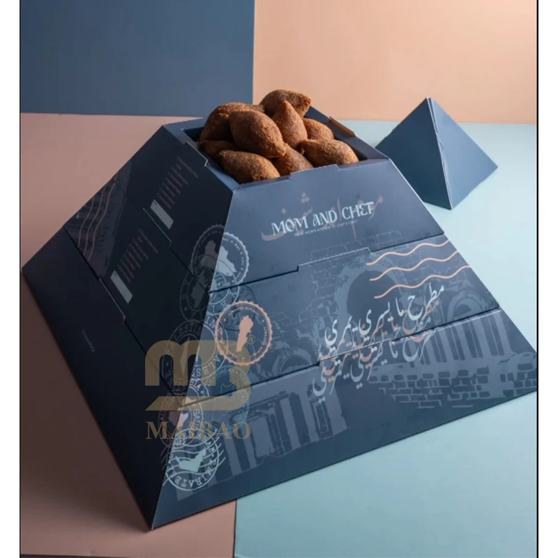 New Custom Eco Arabic Style Pyramid Shape Food Box Takeout Snack Sweet Bakery Dessert Pastry Basbousa Pyramidal Box Packaging