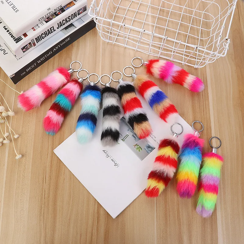 Assorted Color Faux Lucky Rabbit's Foot Key Chains  Plush Multi-color Rainbow Rabbit Foot Keychain Key Rings Handbag Charms