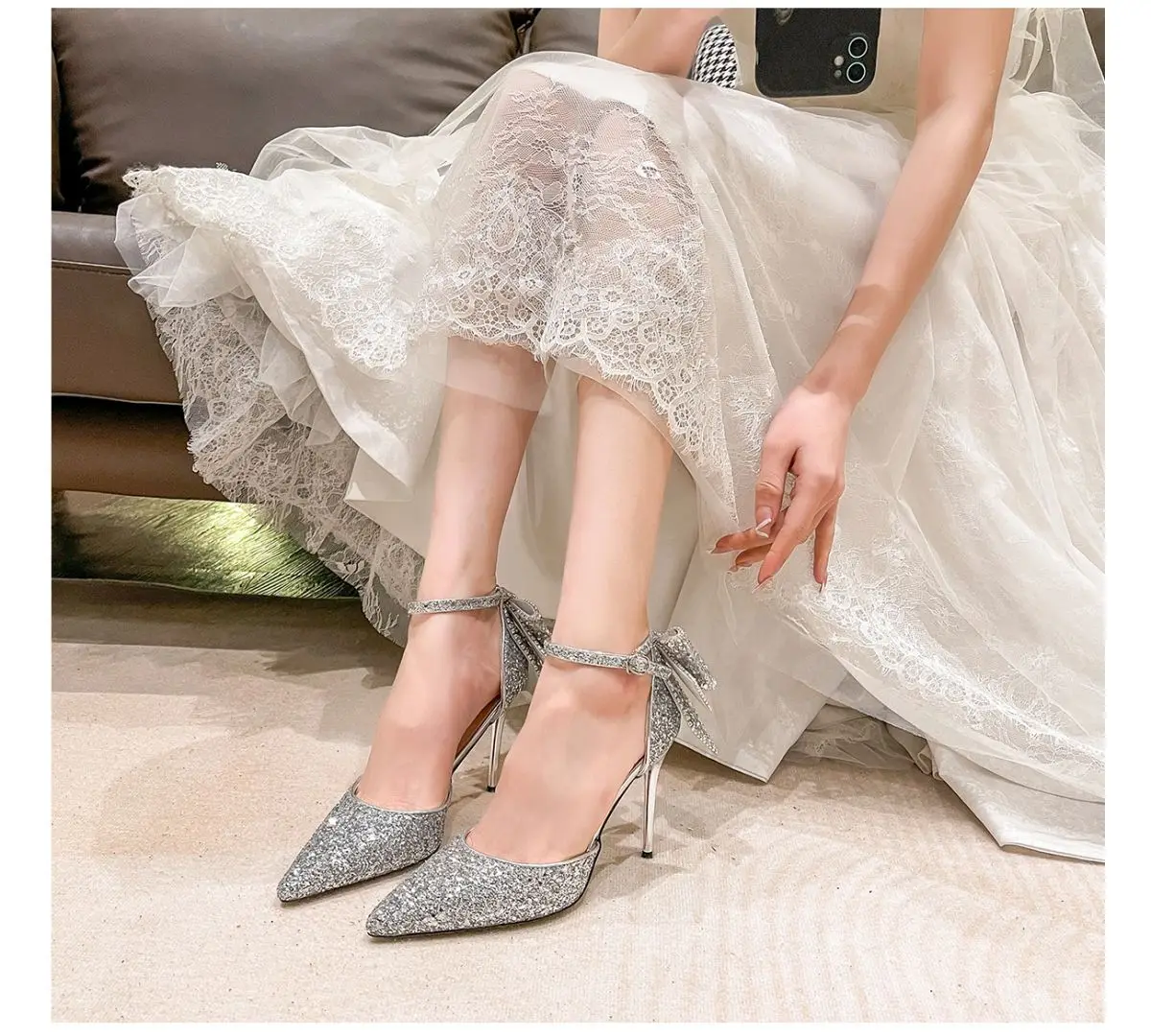 Women's Luxury Bridal High Heel Pumps Shoes Sequined Bowknot Hollow Out Closed Toe Thin aperçu 2