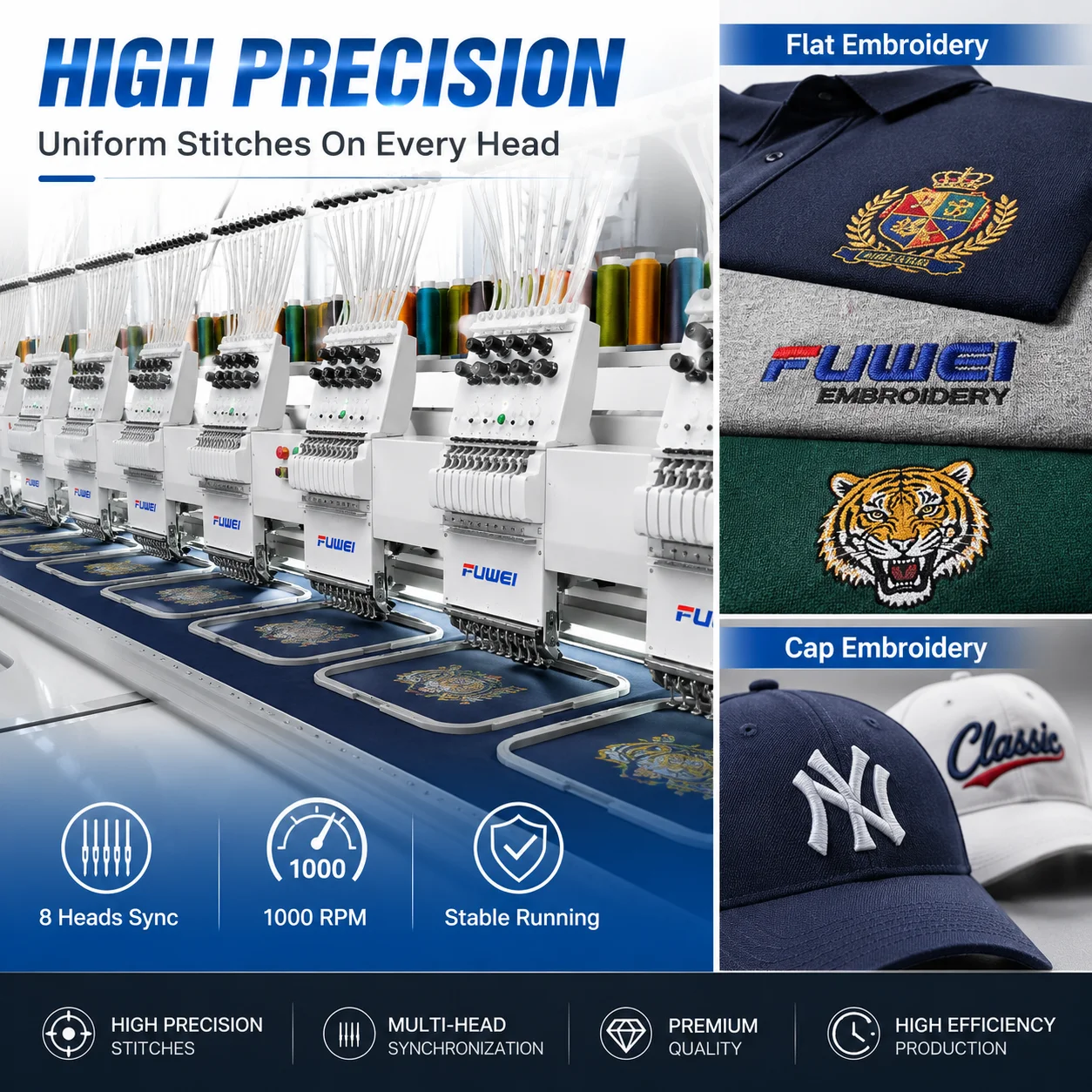 High-Efficiency Four Head Embroidery Machine with Multi-Function for Garment and Cap Production