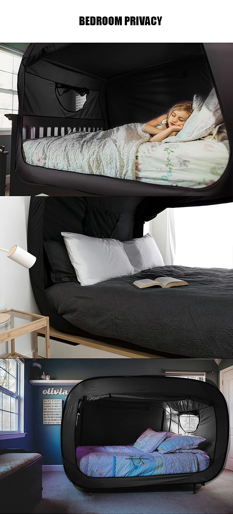 Black Bed Tent Portable Folding Single Adult Privacy Pop Up Indoor Camping Sleeping Offground