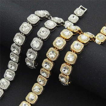 Hip Hop alloy Paved Square stone Bling Single Row Full CZ Diamond Setting Men Jewelry Iced Out cuban Chain Necklace