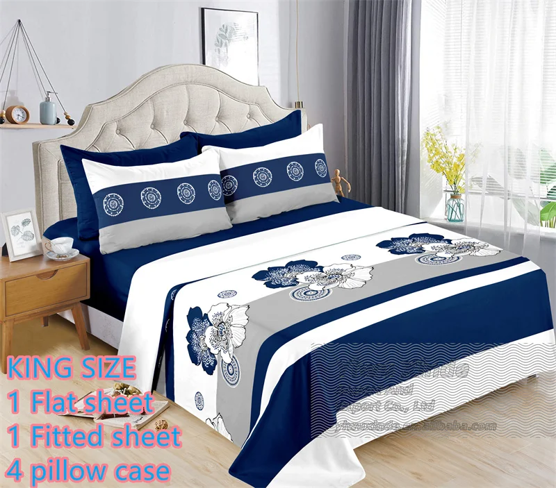 Ready to Ship 6 Pieces Bed Sheet Set king Size Cotton Flat Fitted Sheet with Pillowcases Cheap Price Floral Printed  Bedding Set