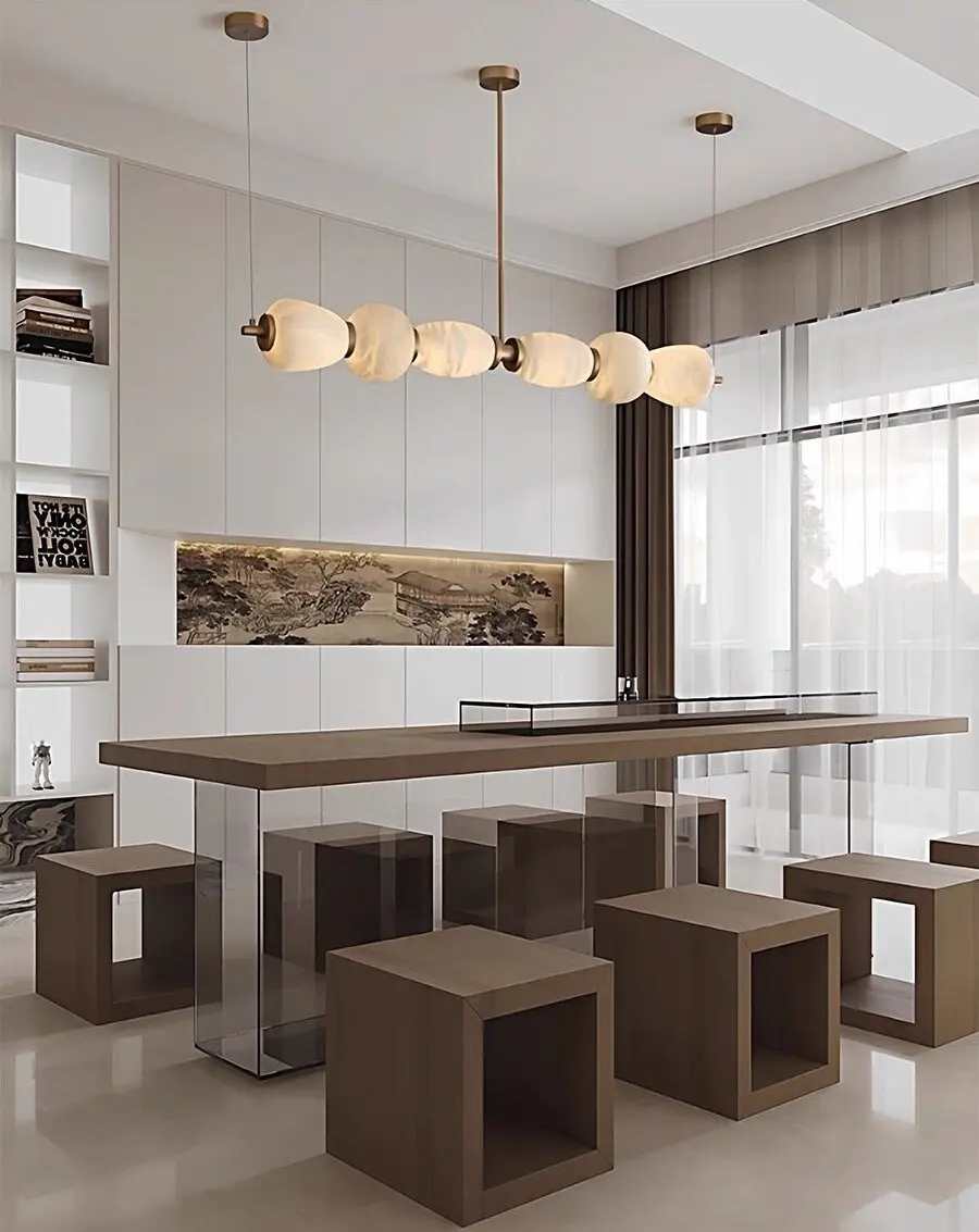 Copper and Spanish Alabaster Marble Chandelier Modern and Minimalist Long Strip Dining Room Bar High-end Front Desk Chandelier