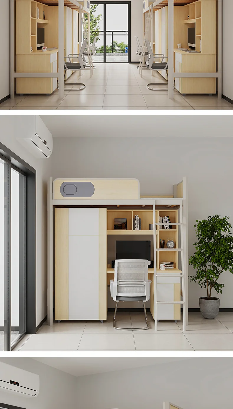 product dormitory queen size good quality loft bed hostel adult metal iron frame bunk beds with stairs for school use-16